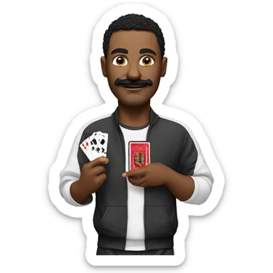 man,  with black moustache, a sly smirk, wearing track suit, with cash and playing cards in his hands sticker