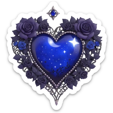 gothic heart made of midnight blue glass with a silver crescent moon, tiny black roses, shimmering stardust, lace trim border sticker