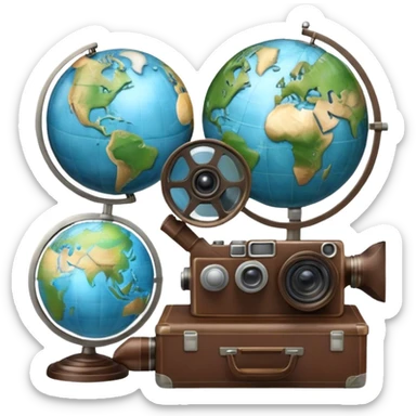 Icon for Documentary Film: A vintage movie poster style with a film reel, a camera, and a globe symbolizing exploration and knowledge. Include elements like a notebook, magnifying glass and nature or historical visuals to evoke a sense of discovery. Transparent background. sticker