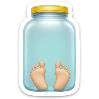 human feet standing on the floor with an empty transparent jar between them,front view sticker