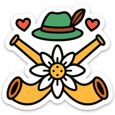 two crossed alpine horns behind an edelweiss, with small red hearts and a Tyrolean hat, colorful icon style, kitsch and festive atmosphere sticker