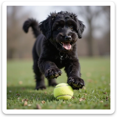 photorealistic black doodle dog playing with a tennis ball outdoors, accurate details sticker