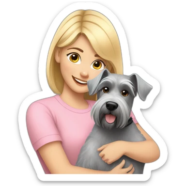A girl with blonde hair in a light pink T-shirt and rainbow leggings hugs a gray Schnauzer dog sticker