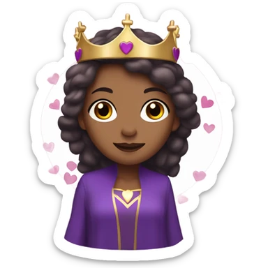 Caucasian long  brunette woman wearing formal royal purple robes and a crown. A burst of hearts are floating around her sticker