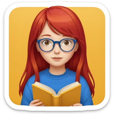 a girl with long red hair and bangs with glasses wearing blue sweater reading a yellow cover book sticker