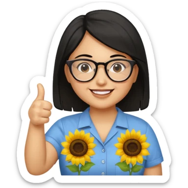 Make my biology teacher shes light brown, wears glasses, female, fat, sunflower shirt under and make her give 1 thumbs up and she has black hair and chubby sticker