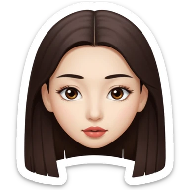 Una chica con piel muy clarita con pelo liso largo de color castaño y unos ojos marrones oscuro y labios grandes y nariz bonita y con unas pestañas que parezca asiatica que tenga las cejas un poquito mas juntas sticker