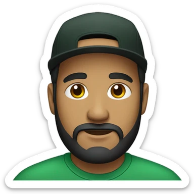 brown man with a dark beard, dark eyes, dark green t-shirt and a BLACK BLACK cap sticker