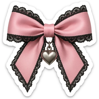 pink gothic bow with black lace trim and heart charm, remove background sticker