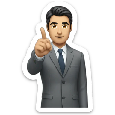 man with dark hair in gray suit pointing finger serious face sticker