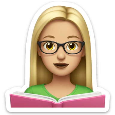 Girl with long blonde hair and rosy lips and green eyes and glasses reading a pink book sticker