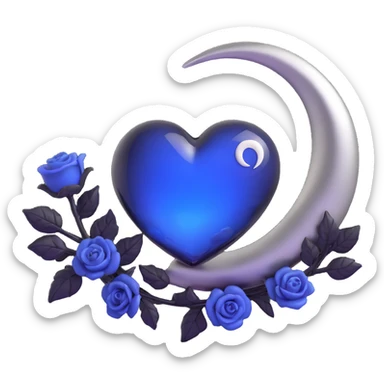 3D emoji gothic heart, midnight blue glass, silver crescent moon, tiny black roses sticker