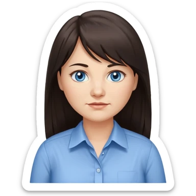 40 yr old woman, blue eyes, long straight dark brown hair, business shirt, chubby, bangs, long hair, tired, small smile sticker