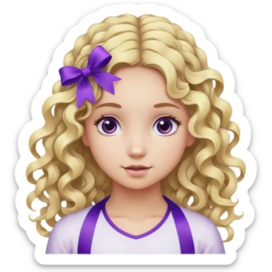 Curly long blond hair tied with a purple ribbon show her backyards  sticker