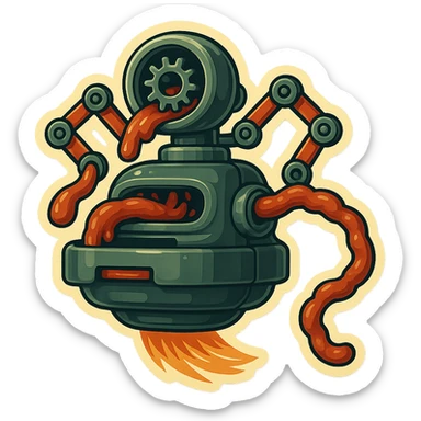 hovering robot. stuffs material into large hole on its top with 2 arms. no head. hole is where a head would be. spinning gears and blades in hole grind material.  3/4 view. between realism and cartoon. well lit. no dramatic lighting. metallic shiny robot. works diligently. drake humor sticker