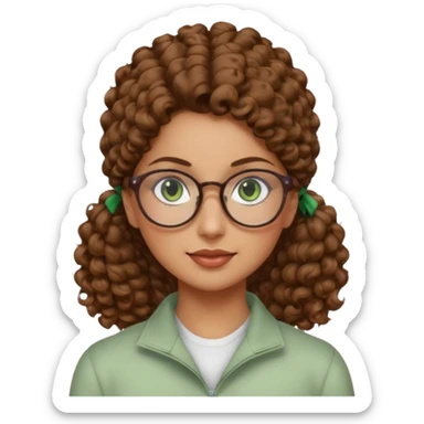 iranian woman, tight curly light brown hair in pony tail, glasses, green eyes, pretty, oval shape face sticker
