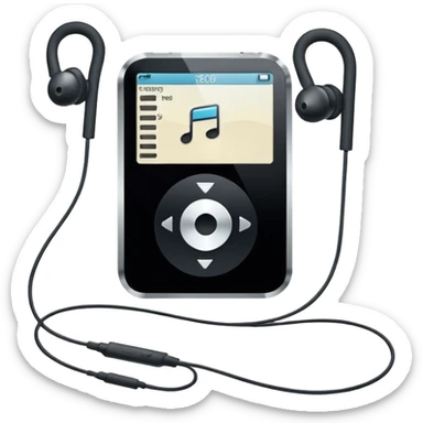 Futuristic iPod emoji with earphones, metallic black and white, smooth reflective surfaces, flat minimal vector design, clean UI style sticker