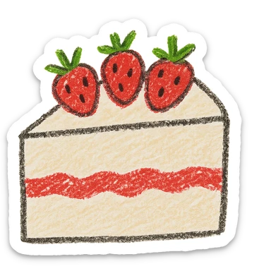 slice of white cake with strawberries on top, simple and cute, children doodle style sticker