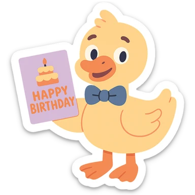 duck with bowtie holding birthday card, pastel-toon style sticker