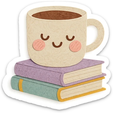 coffee cup with stack of books, blushing cheeks, cozy hand-drawn pastel style sticker