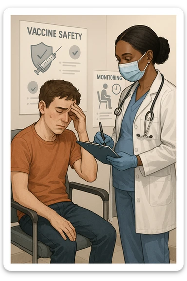Vertical, educational medical illustration: a healthcare professional observes a patient who appears unwell after receiving a vaccine. The patient sits in a clinic chair, showing mild symptoms such as fatigue or headache, while the professional takes notes and offers reassurance. The background includes educational posters about vaccine safety and monitoring. realistica sticker