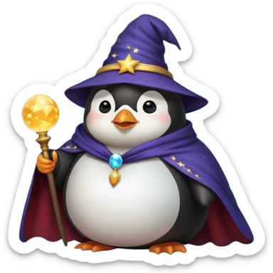chubby penguin in wizard attire, with a starry cloak and a glowing orb, looking wise and mystical, emoji style sticker
