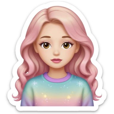 “Emoji girl, soft eyeliner, gradient rose lips, light brown shimmer eyeshadow, sparkly aegyo-sal, long wavy hair, cozy pastel sweater.” sticker