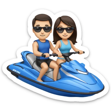 Light tan male dark hair & light tan female dark hair on a blue jet ski sticker