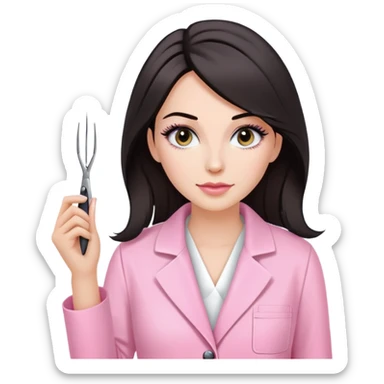 Mulher branca de cabelos pretos na altura dos ombros, vestindo jaleco rosa e segurando uma pinça de extensão de cílios sticker