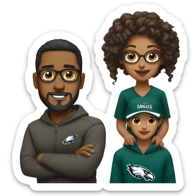 Brown guy with no glasses with a beard and mustache holding a brown girl wearing glasses and hair in a bun wearing Philadelphia eagles clothing sticker