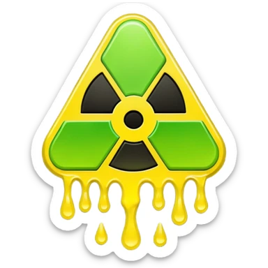 radioactive hazard symbol stylized to look like it is melting. The symbol is bright neon green and toxic yellow, with smooth dripping edges like liquid. sticker