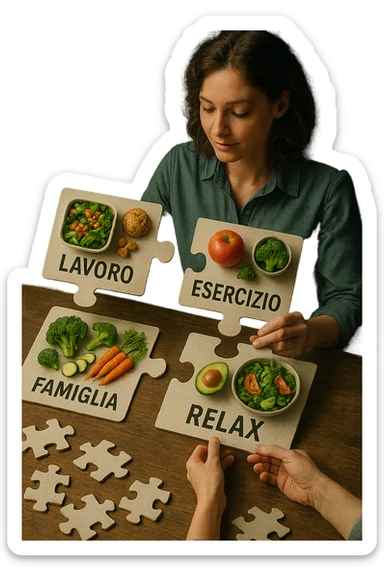 realistica cinematic photo a person is surrounded by puzzle pieces, each representing a different aspect of their life (Lavoro, Esercizio, Famiglia, Relax), and healthy foods are integrated into each piece. The person assembles the puzzle, creating a complete, personalized nutrition plan. The mood is uplifting and creative. in italiano sticker