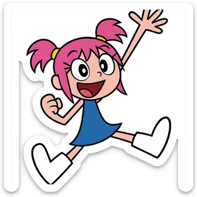 Ami Onuki, cheerful girl with pink hair in pigtails, wearing a blue dress, inspired by the character from Hi Hi Puffy AmiYumi, in a fun and energetic pose sticker
