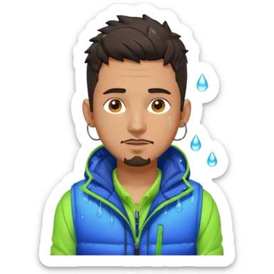 Cyberpunk street adult, hispanic, male, messy undercut, puffer vest over hoodie, glowing earpiece, light stubble, brown eyes, neon reflections, raindrops, dark background. sticker