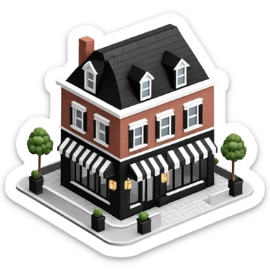 Isometric exterior little black and white upscale steakhouse restaurant dollhouse style 3D realistic  sticker