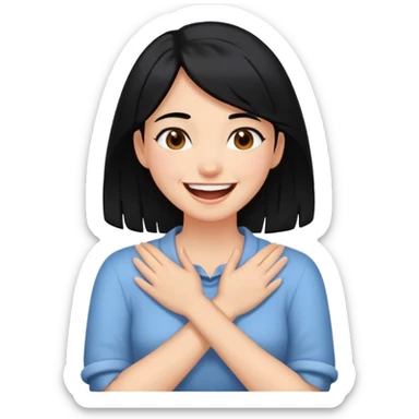 a girl with black hair and brown eyes with her hands crossed around her neck and laughing sticker