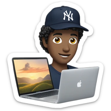 20yo Curly white man black hair with a MacBook and a yankees cap sticker
