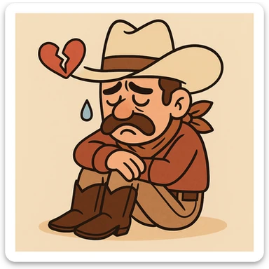 heartbroken cowboy, cartoon style, expressive, wearing hat and boots, showing sadness and heartbreak sticker