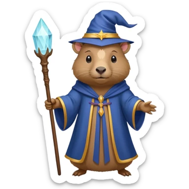 A mystical queen Capybara wearing a wizard robe and a wand sticker