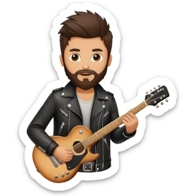 A rocker brunette boy with a beard a guitar, leather jacket  sticker