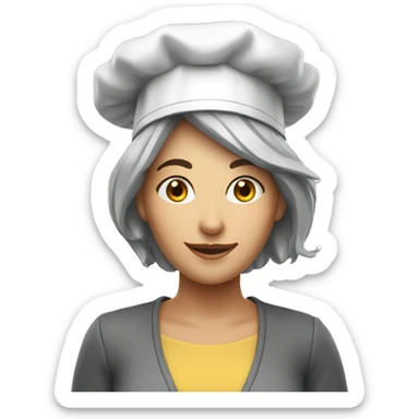 A full scale lady with a cooking hat and spoon her hair is grey, and she stands in front of the camera and smiles sticker