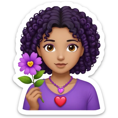 IíUma menina cabelo crespo morena uma blusa roxa com um colar de coração e uma flor roxa do lado direito do cabelo sticker