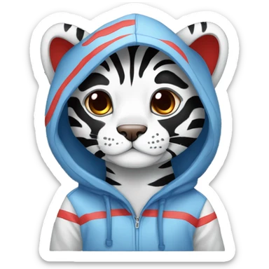 telegram sticker a A blue tiger with red stripes, red ears on the inside and black ears on the outside wearing a hoodie sticker