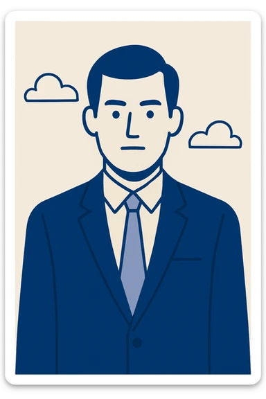 formal individual in a suit, serious and professional posture, simple background, modern vector style sticker