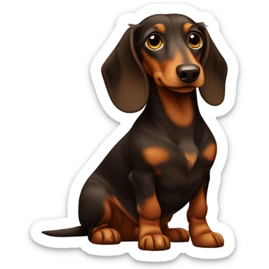 Long haired Brown dachs with Brown nose and gold eyes full body sitting in front of christmas tree sticker