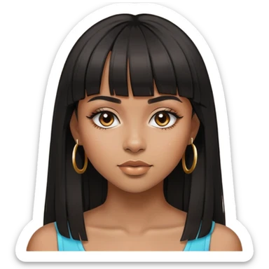 brownskin girl, beautiful girl, black straight hair with bangs above eyebrowns, nose piercing sticker