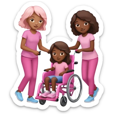 One dark skinned sister and one tan skinned sister pushing her light brown sister in a pink wheelchair sticker