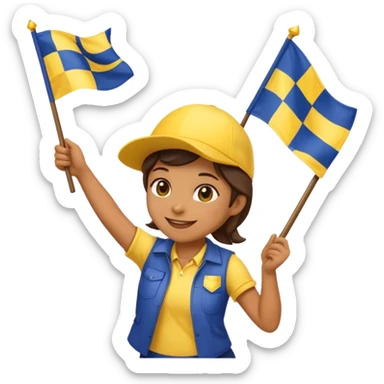 I want an emoji holding a yellow and navy blue checkered flag in both hands, wearing a yellow and navy blue hat, dancing, and smiling. sticker
