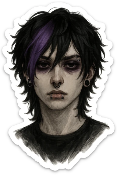 emo face, androgynous, purple hair streak, piercings, moody eyes sticker
