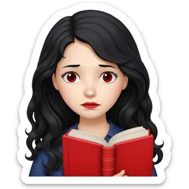 Long Hair Women with red Book, Black wavy hair, sad

 sticker